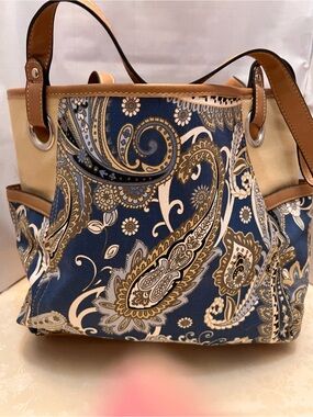 Canvas Paisley Tote Bag in Navy and Tan